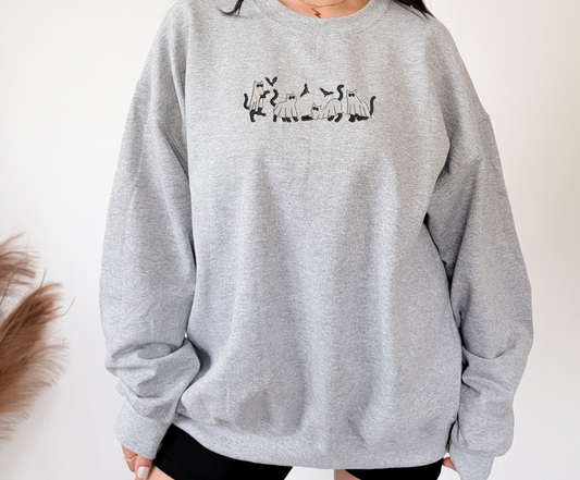 Grey Spooky Cats Embroidered Crewneck Sweatshirt