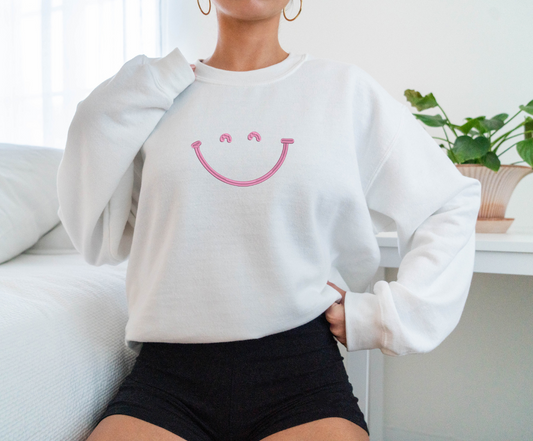 White/Pink Happy Embroidered Comfort Colors Crewneck Sweatshirt
