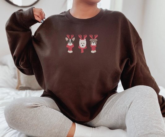 Brown Christmas Dogs Embroidered Crewneck Sweatshirt