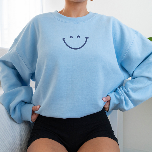 Light Blue Happy Embroidered Comfort Colors Crewneck Sweatshirt